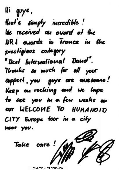 Scrisoare de multumire! - TH au multumit fanilor pentru ca i-au votat la - TOKIO HOTEL
